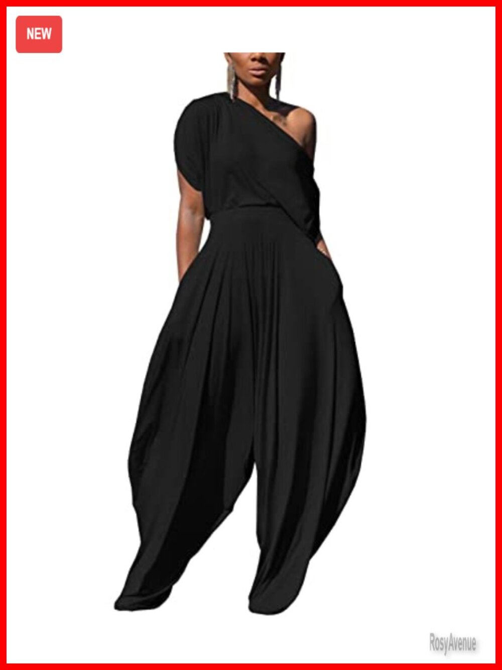 2 Piece Outfit Short Sleeve Off One Shoulder Top and Loose Harem Pants Set